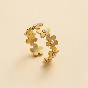 Golden flower adjustable ring with white pearls and minimalist floral pattern design