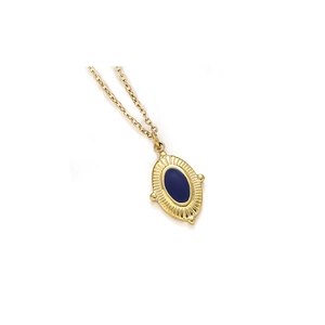 Vintage gold cross pendant necklace with dark blue enamel and embossed radial pattern