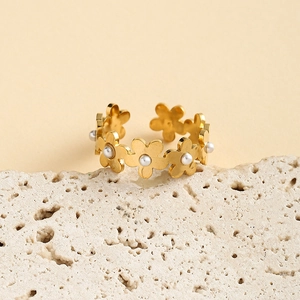 Elegant gold flower ring with white pearls and adjustable open stainless steel band