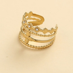 Gold-plated hollow layered ring with diamond accents and clover motif for women