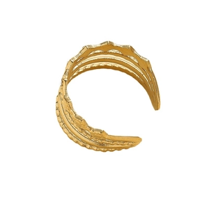 Adjustable golden stainless steel open ring with multilayer wavy textured design