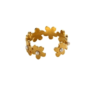 Minimalist gold flower ring with pearl inlay and adjustable open band design