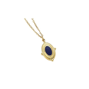 Gold-plated stainless steel necklace featuring a blue enamel oval cross pendant charm