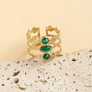 Adjustable golden stainless steel ring featuring three rows of green malachite stones