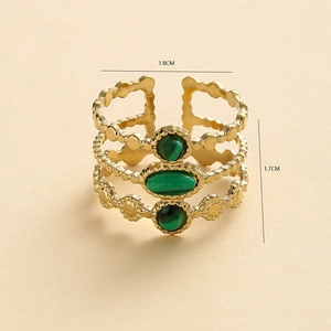 Gold stainless steel ring featuring three green natural stones with 1.8cm width design