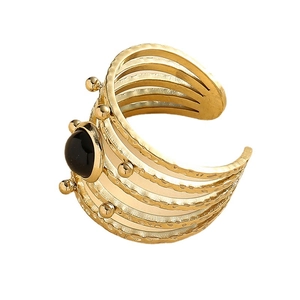 Golden multi-layer wavy stainless steel open ring featuring a black oval natural stone inlay
