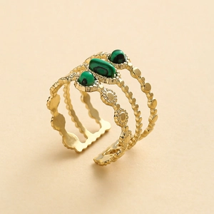 Three-row gold stainless steel ring featuring green natural stones and hollow open design