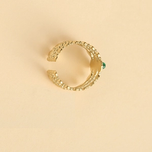 Adjustable three-row wave gold ring with center green natural stone for women