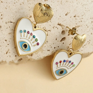 Golden heart drop earrings with white enamel evil eye and colorful rhinestones