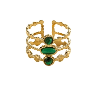 Gold hollow stainless steel open ring featuring three tiered green natural stones for women