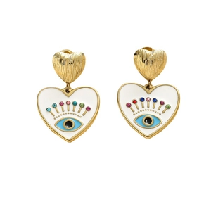 Golden heart earrings with white enamel charms featuring a colorful rhinestone evil eye