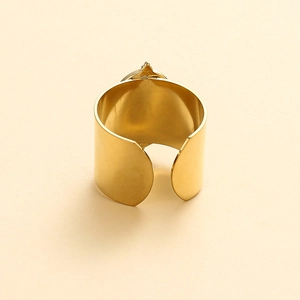 Gold wide band ring with black enamel star, minimalist open adjustable design