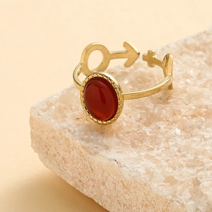 Detail of gold adjustable ring featuring red oval stone and gender symbol motifs
