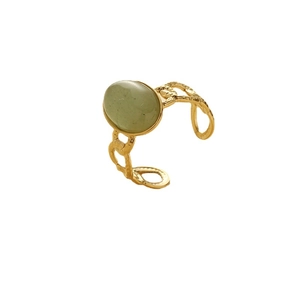 Vintage gold adjustable ring with oval green gemstone and chunky chain link band style