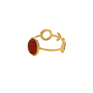Golden stainless steel ring with oval red stone and geometric cutout design