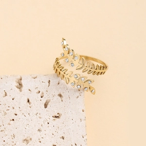 Adjustable gold leaf ring with sparkling zircons crafted from polished stainless steel