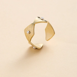 Bague Ouverte Ajustable En Acier Inoxydable Or Vintage Pour Femmes Avec Künstliche Perle Fantaisie Motif Oeil Rhombe Texture Rayon