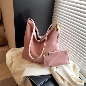 Minimalist Large Capacity Women Tote Bag And Pouch PU Suede Look Solid Color Single Shoulder Crossbody Bag For Everyday Fashion