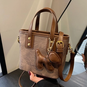 Vintage Bucket Bag PU Leather Denim Texture Handheld Crossbody Small Handbag With Dog Charm For Women