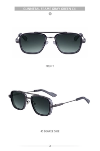 Détail de lunettes de soleil pilote carrées avec verres dégradés gris-vert