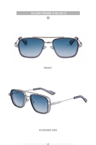 Vues de face et de profil à 45 degrés des lunettes de soleil carrées argentées à verres bleus