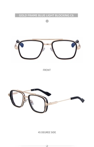 Détail d'une monture de lunettes carrée en métal avec verres anti-lumière bleue en C6