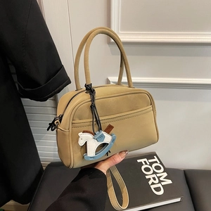 Frosted PU Leather Handbag Women Casual Crossbody Bowling Bag With Detachable Horse Pendant Double Handle Vintage Style