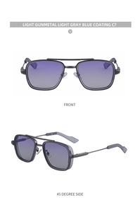 Vues de face et de côté de lunettes aviateur gris métal avec verres dégradés bleus