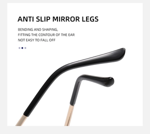 Detail of anti-slip eyeglass temple tips with gold metal frame and black polished ends