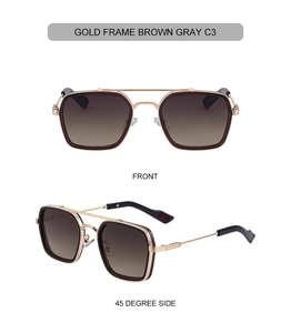 Front and side view of gold metal square frame sunglasses with gradient grey lenses