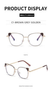 Detail of cat-eye eyeglasses with brown grey gold metal frame and multi-angle display
