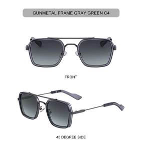 Detail view of gunmetal square sunglasses with double bridge and gray green lenses