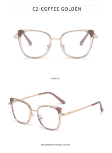 Detail view of coffee golden cat-eye frame with metal accents and side angle view