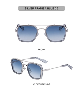 Dual-view of silver pilot sunglasses with gradient blue lenses and striped temple tips