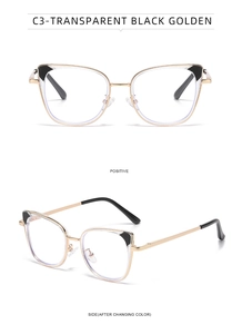 Detailed views of cat-eye glasses with transparent black frames and photochromic lenses