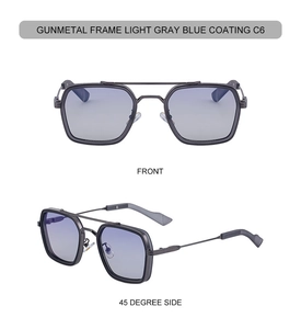 Front and side view of gunmetal square double-bridge sunglasses with blue lenses