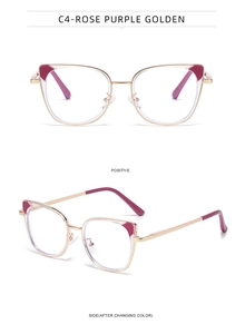Detailed view of cat-eye optical frames in rose purple and golden metal finish