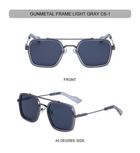 Front and 45-degree side views of gunmetal double bridge square frame sunglasses