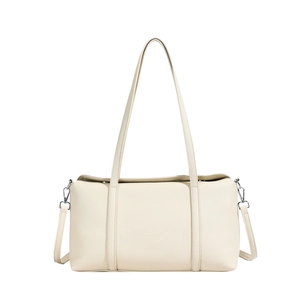 Beige pebble leather tote bag with dual shoulder straps and silver metal hardware details