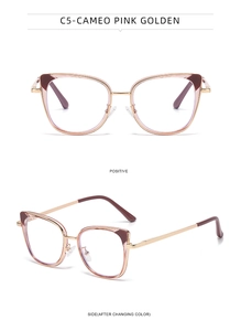 Detail view of cat eye glasses in cameo pink golden with metallic temples and dark tips