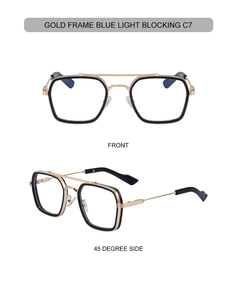 Detail of square gold metal double bridge frames with blue light blocking lenses