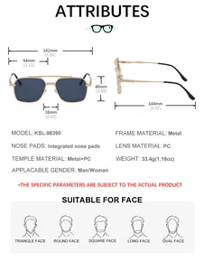 Detailed size chart for square sunglasses showing frame dimensions and specifications