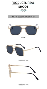 Detail view of matte gold double bridge aviator sunglasses with gray lenses at three angles