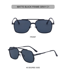 Detail view of matte black square sunglasses with double bridge and gray lenses