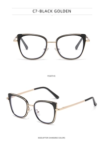 Detail view of cat eye black and gold glasses frame from positive and side angles