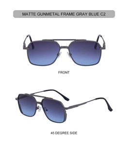 Front and 45-degree side views of matte gunmetal aviator sunglasses with gradient lenses