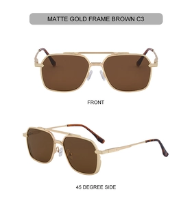 Front and 45-degree side views of matte gold square pilot sunglasses with brown lenses