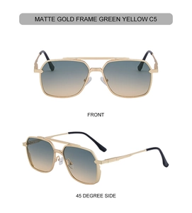 Detailed macro view of matte gold double-bridge frame and green-yellow gradient lenses