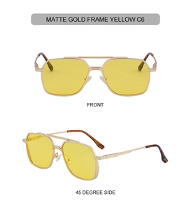 Detailed front and side views of matte gold square sunglasses with yellow lenses
