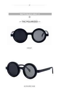 Front and side view of matte black round polarized sunglasses with UV400 protection